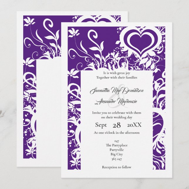 Purple and white floral papercut wedding invitation (Front/Back)