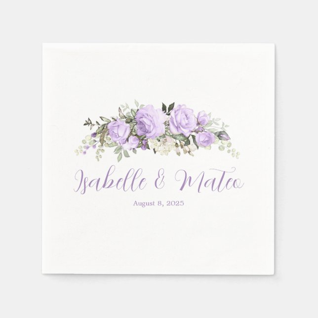 Purple and White Floral Personalised Wedding Napkin (Front)