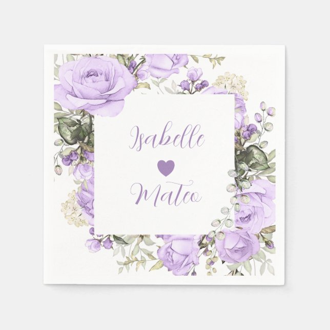 Purple and White Floral Personalised Wedding Napkin (Front)