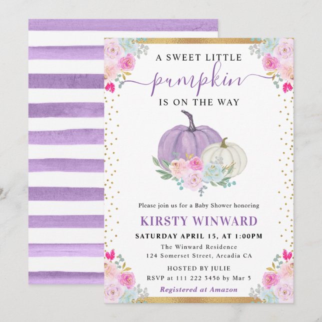 Purple and White Floral Pumpkins Fall Baby Shower Invitation (Front/Back)