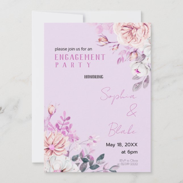 Purple and White Floral Purple Engagement Party Invitation (Front)