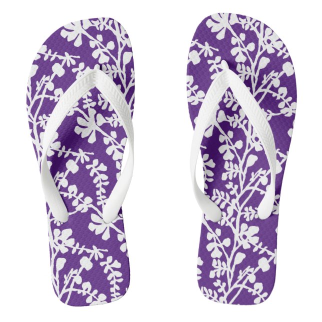 Purple And White Floral Repeating Pattern Flip Flops (Footbed)