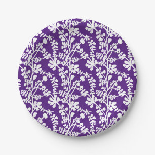 Purple And White Floral Repeating Pattern Paper Plate
