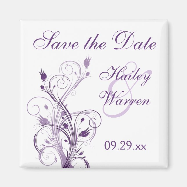 Purple and White Floral Save the Date Magnet (Front)
