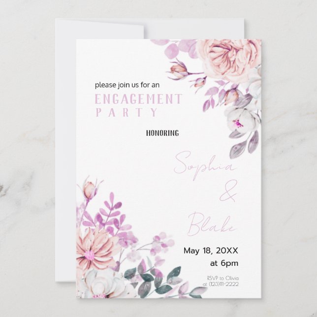 Purple and White Floral White Engagement Party Invitation (Front)