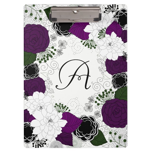 Purple and White Floral Wreath Monogram Clipboard (Front)