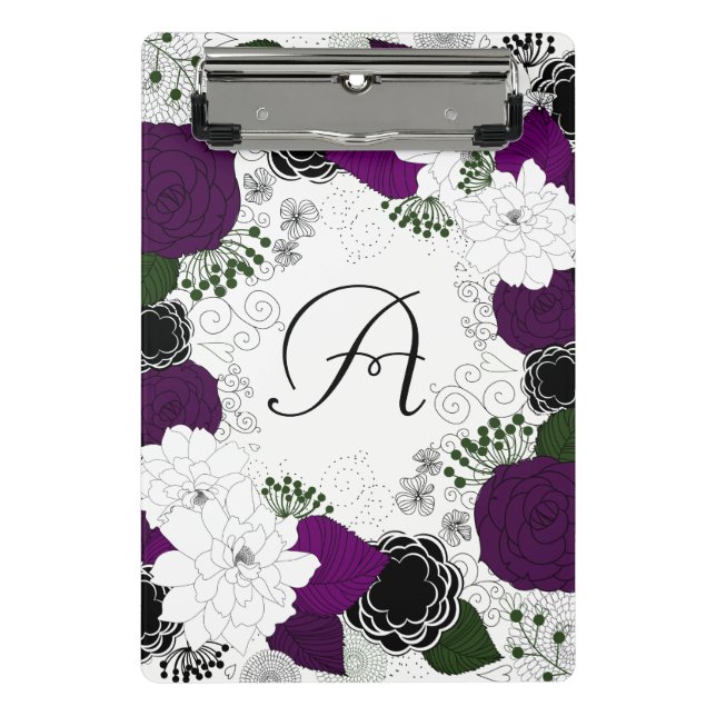 Purple and White Floral Wreath Monogram Mini Clipboard (Front)