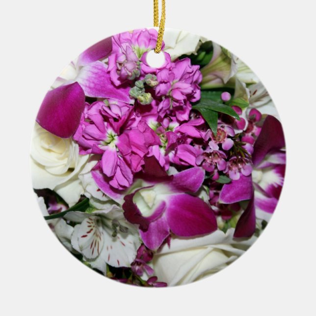 Purple and White Flower Arrangement Photo Ceramic Tree Decoration (Front)