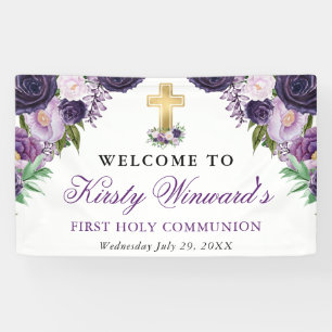 Purple and White Flowers 1st Holy Communion Banner