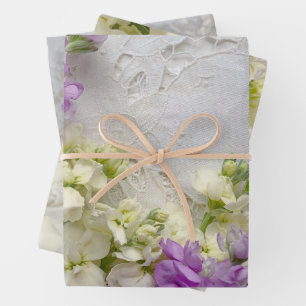 Purple and white flowers on lace wrapping paper sheet