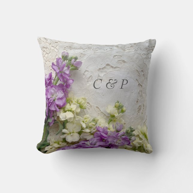 Purple and white flowers on old laces cushion (Front)