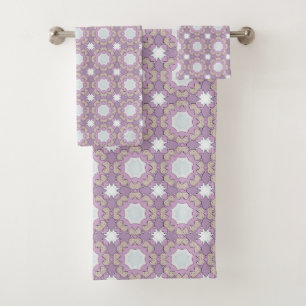 Purple and white geometric floral patterned bath towel set