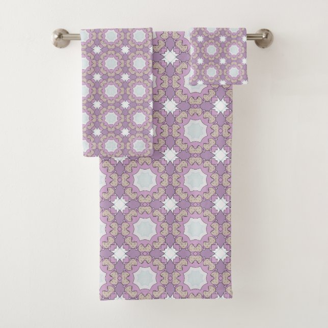 Purple and white geometric floral patterned  bath towel set (Insitu)