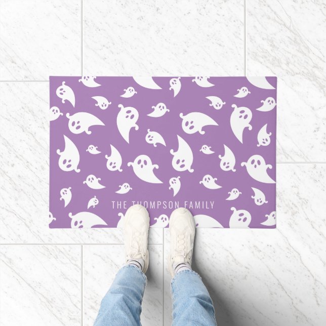 Purple And White Ghost Pattern With Name Halloween Doormat (Indoor)