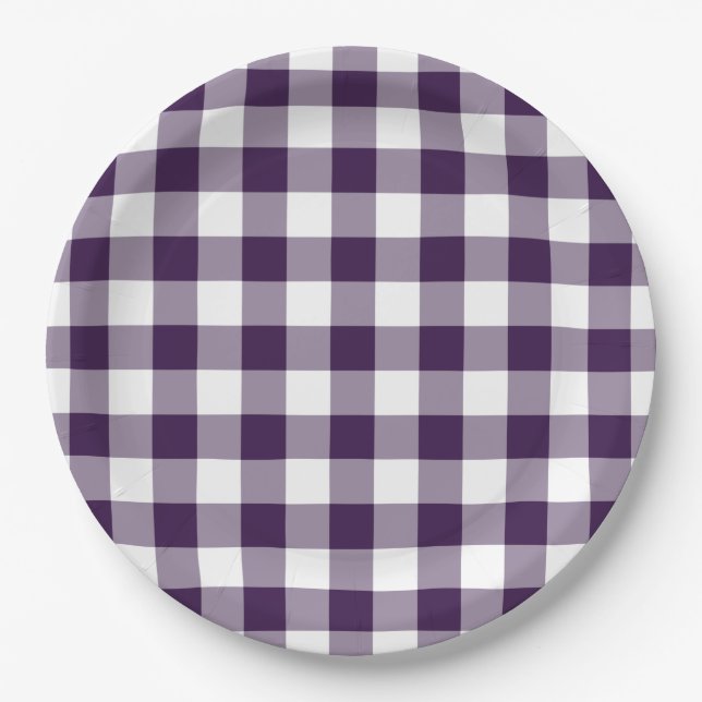 Purple and White Gingham Pattern Paper Plate (Front)