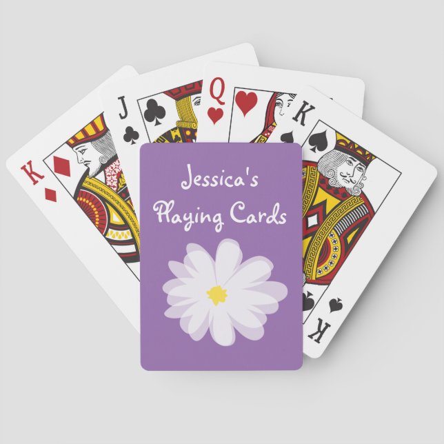 Purple and white girly daisy flower kids Birthday Playing Cards (Back)