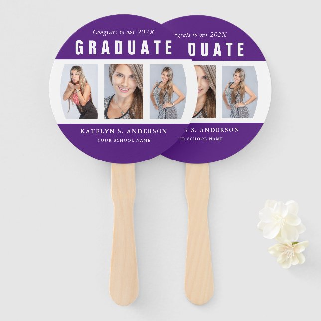 Purple and White Graduation Photo Collage Hand Fan (Front and Back)