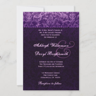Purple and White Grunge Damask Wedding B733 Invitation