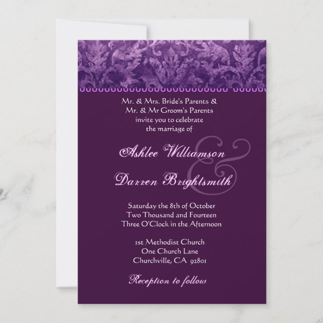 Purple and White Grunge Damask Wedding Ver 001 Invitation (Front)