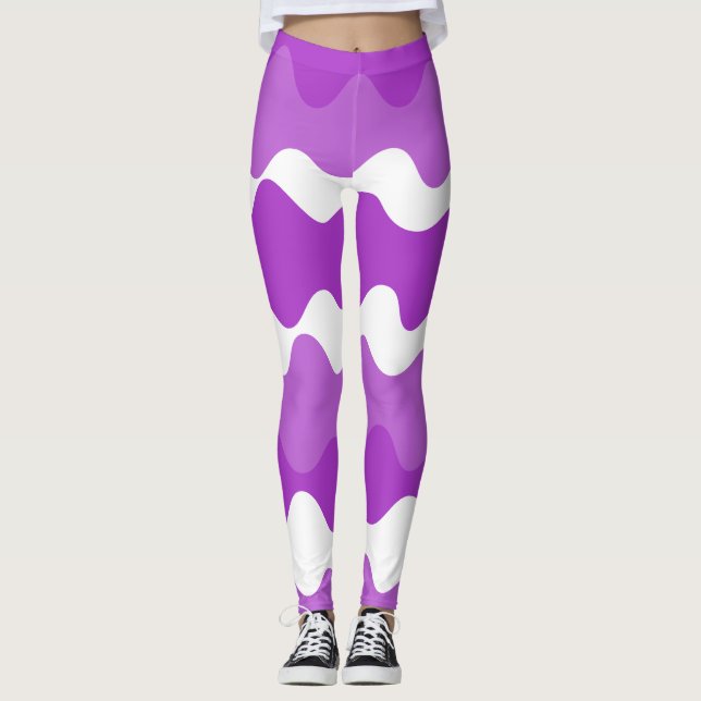 Purple and white horizontal wavy pattern  leggings (Front)