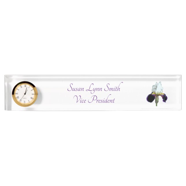 Purple and White Iris Desk Name Sign Nameplate (Front)