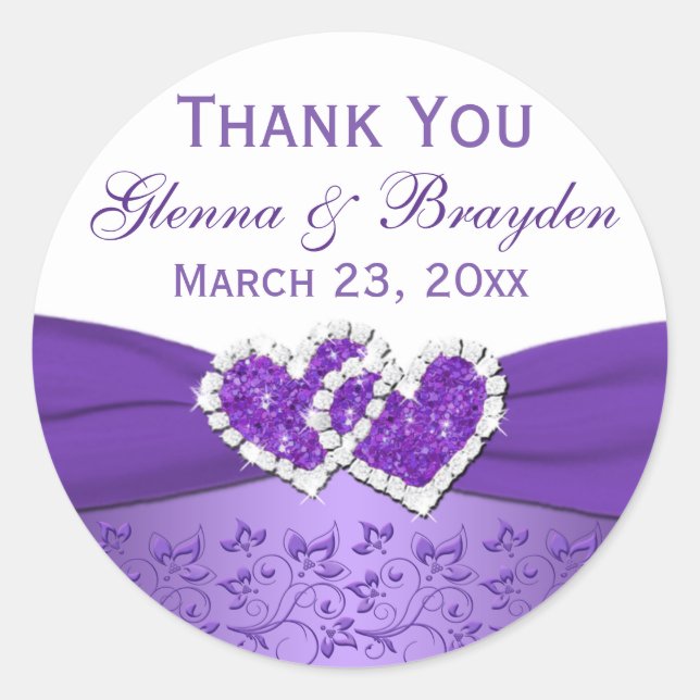 Purple and White Joined Hearts Wedding Sticker (Front)