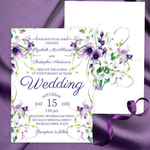 Purple and White Lilies with Green Vines Wedding Invitation