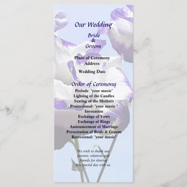 Purple and White Lisianthus Wedding Program Programme (Front)