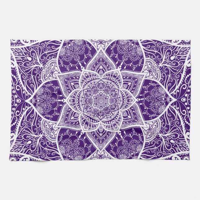 Purple and White Mandala - Loergann in Boysenberry Tea Towel (Horizontal)