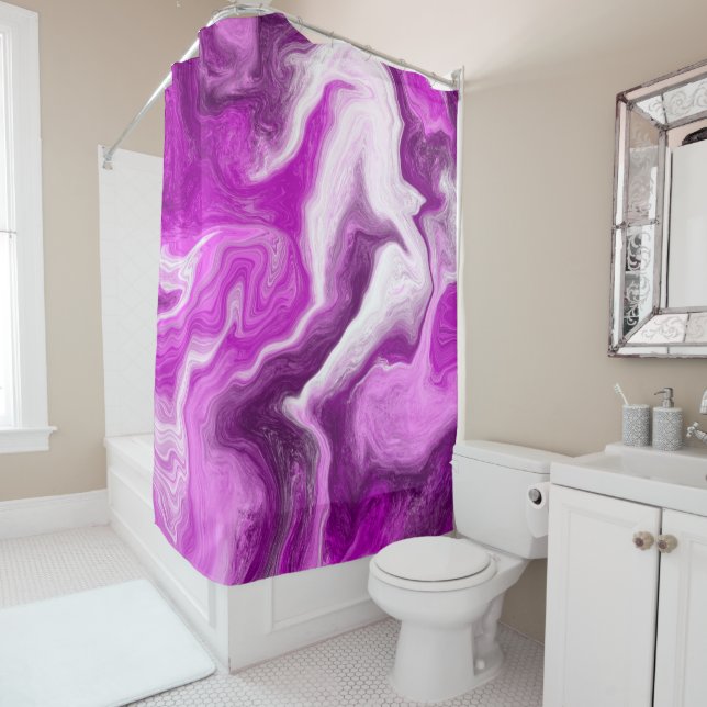 Purple and White Marble Swirls Fluid Art Shower Curtain (In Situ)