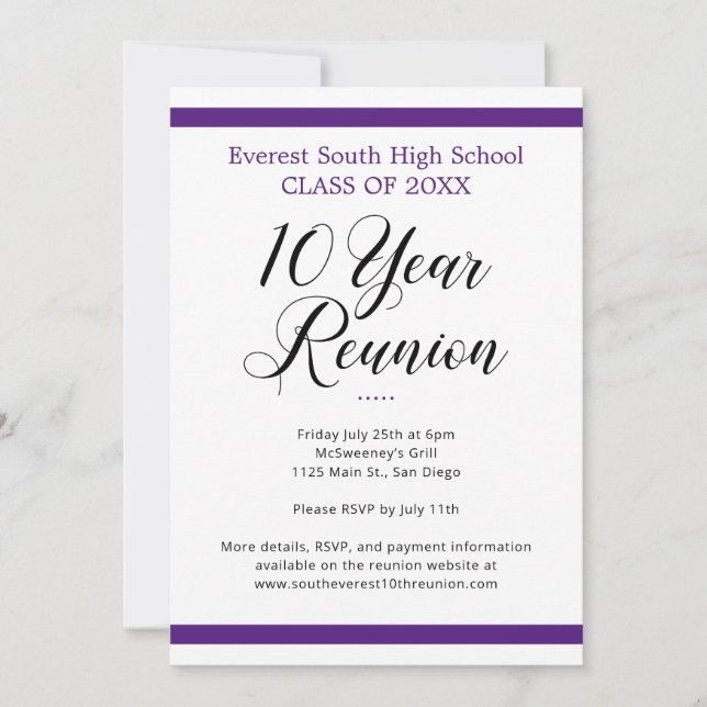 Purple and White Minimalist 10 Year Class Reunion Invitation (Front)