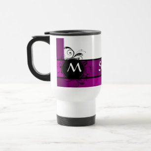 Purple and white monogrammed travel mug