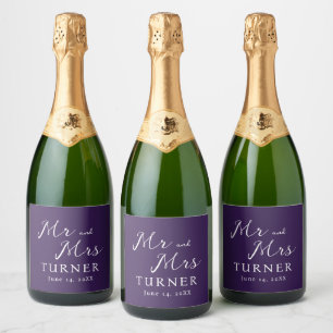 Purple and White Mr and Mrs Wedding Sparkling Wine Label