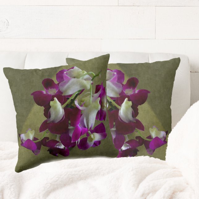 Purple and White Orchids Beautiful Floral Green Cushion (Creator Uploaded)