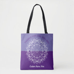 Purple and white owl mandala teacher appreciation tote bag