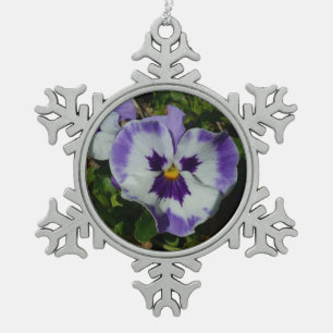 Purple and White Pansies Colourful Floral Snowflake Pewter Christmas Ornament