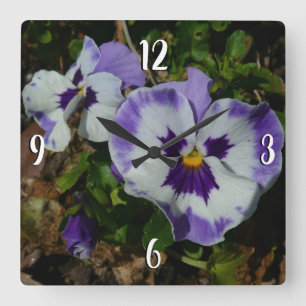 Purple and White Pansies Colourful Floral Square Wall Clock