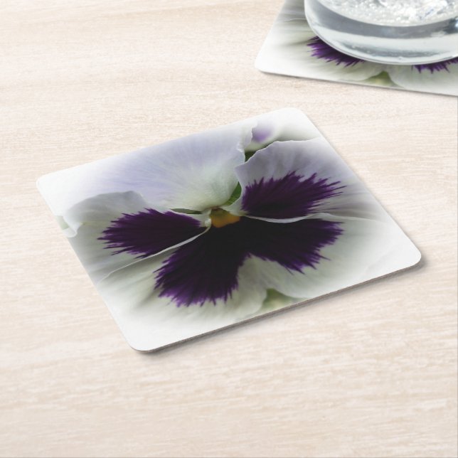 Purple and white pansy square paper coaster (Angled)