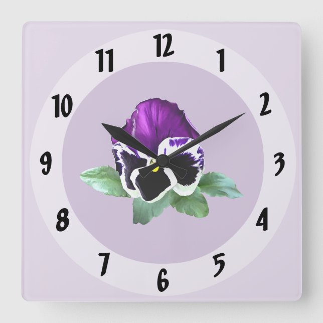 Purple and White Pansy Square Wall Clock (Front)