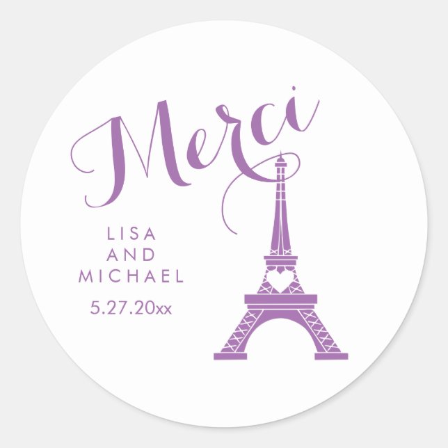 Purple and White Paris Eiffel Tower Wedding Merci Classic Round Sticker (Front)