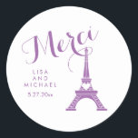 Purple and White Paris Eiffel Tower Wedding Merci Classic Round Sticker<br><div class="desc">These chic,  stylish stickers feature a purple Eiffel Tower with a heart,  and the word "Merci" or thank you in French,  in fancy purple script. The background is white but you can change the background to any colour.</div>