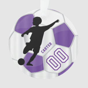 Purple and White Personalise Boy Soccer Player Ornament