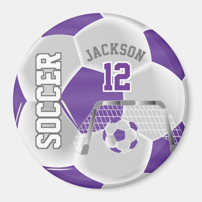 Purple and White Personalise Soccer Ball Magnet (Front)