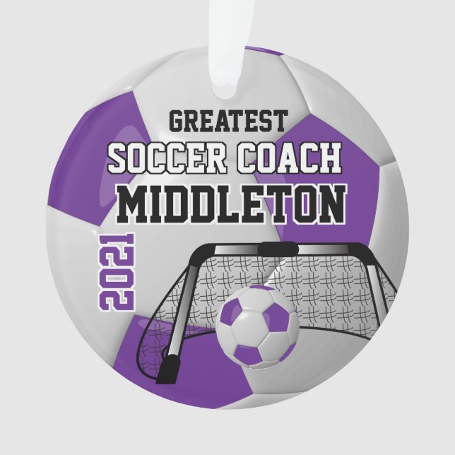 Purple and White Personalise Soccer Ball Ornament (Front)