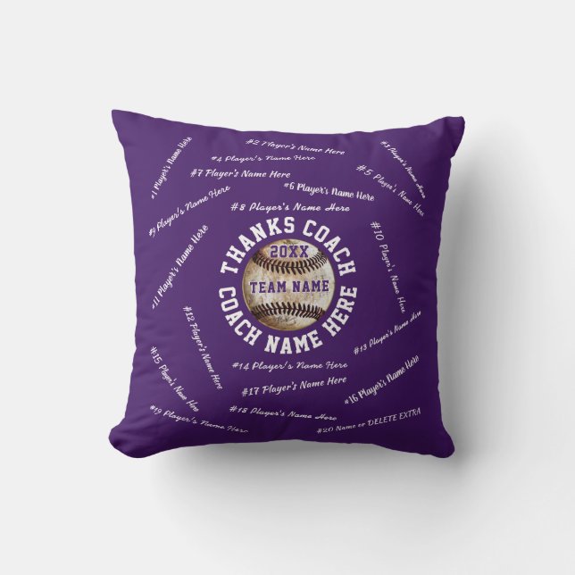 Purple and White Personalised Baseball Coach Gifts Cushion (Front)