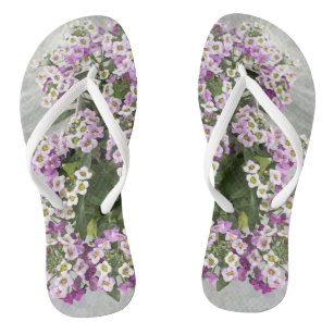 Purple and white petunias flip flops