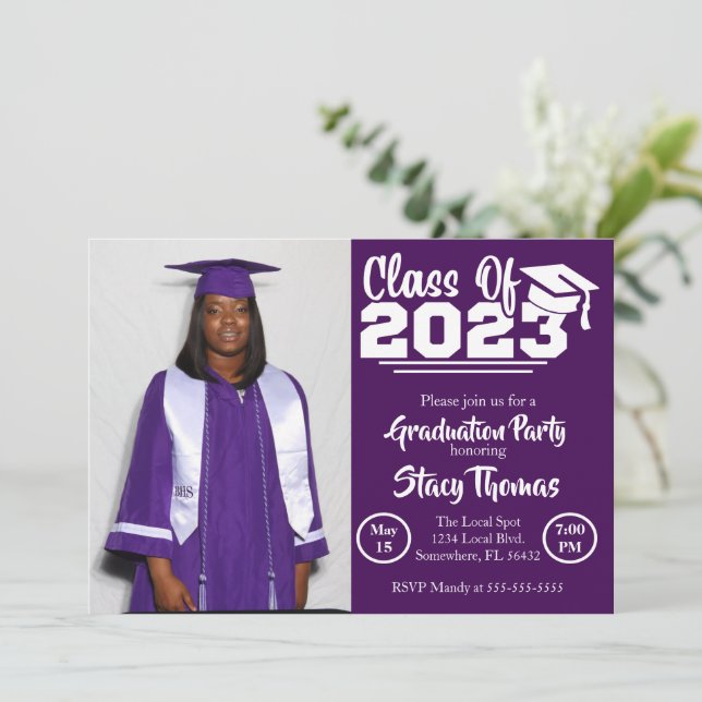 Purple and White Photo Graduation Party Invitation (Standing Front)
