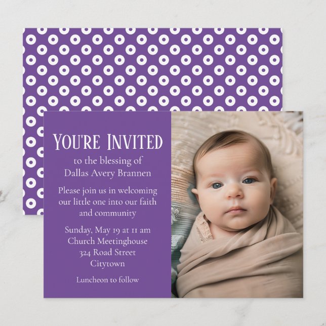Purple and White Polka-dot Photo Baby Blessing Inv Invitation (Front/Back)