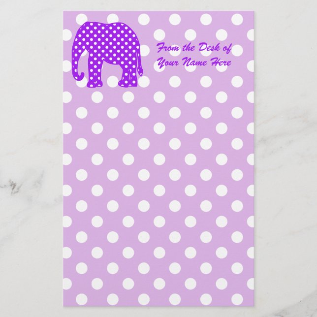Purple and White Polka Dots Elephant Stationery (Front)