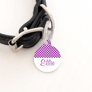 Purple And White Polka Dots With Name And Number Pet Tag